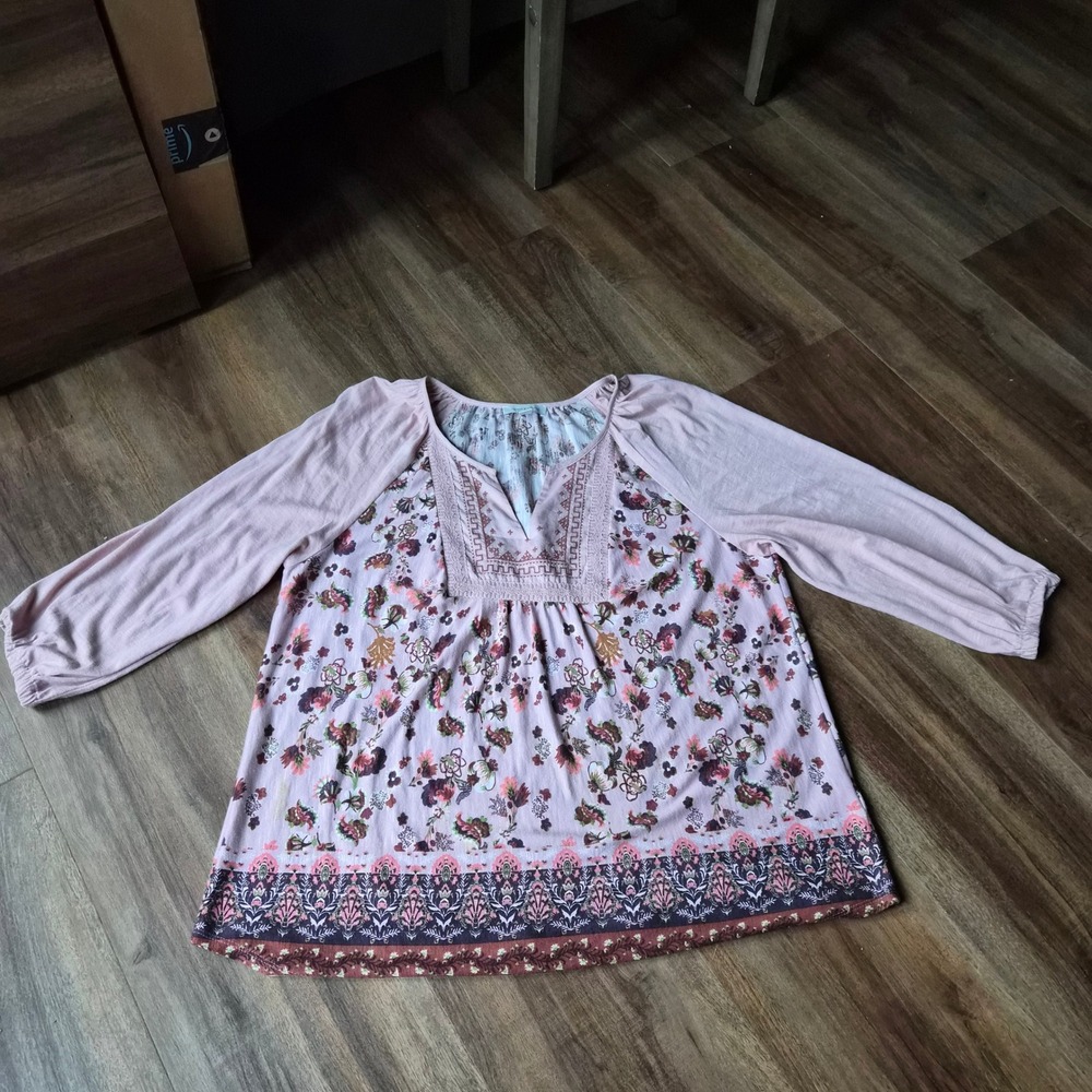 Vintage X America Pink Floral Boho Embroidered Blouse Large Cottagecore Peasant